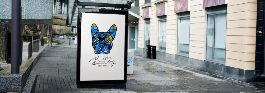 a sign from bulldog realestate on a sidewalk
