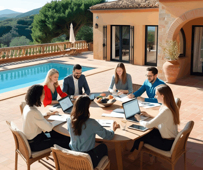 Teammeeting im Freien während eines Remote Work Retreats auf Mallorca – Business-Runde an einem Tisch mit Laptops und Notizbüchern neben einer Finca mit Pool.